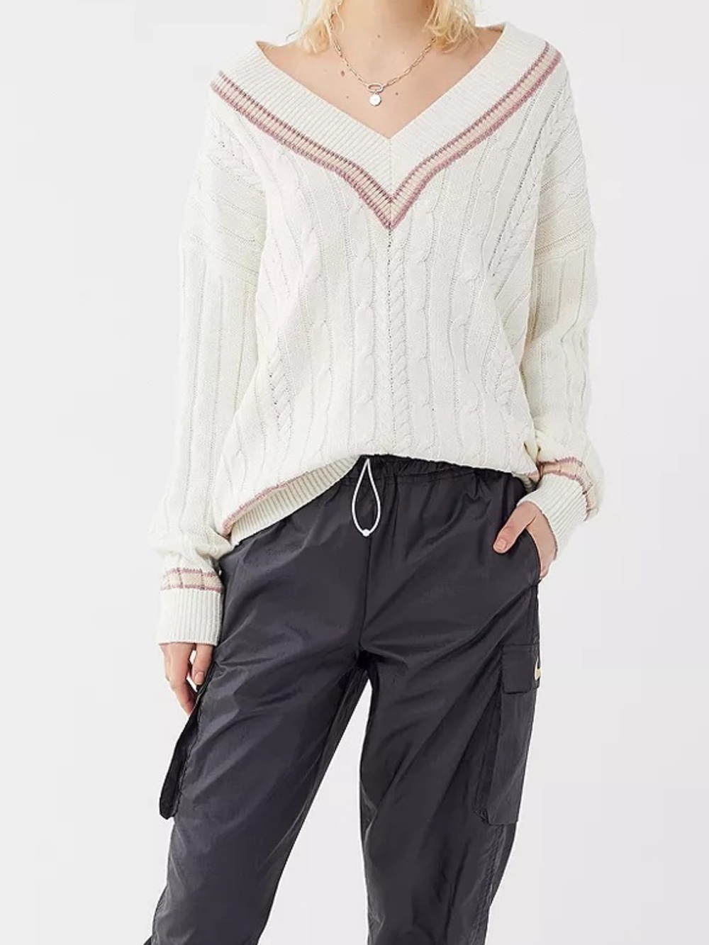 Urban Outfitters Alexandra White Cable Knit V-Neck Sweater